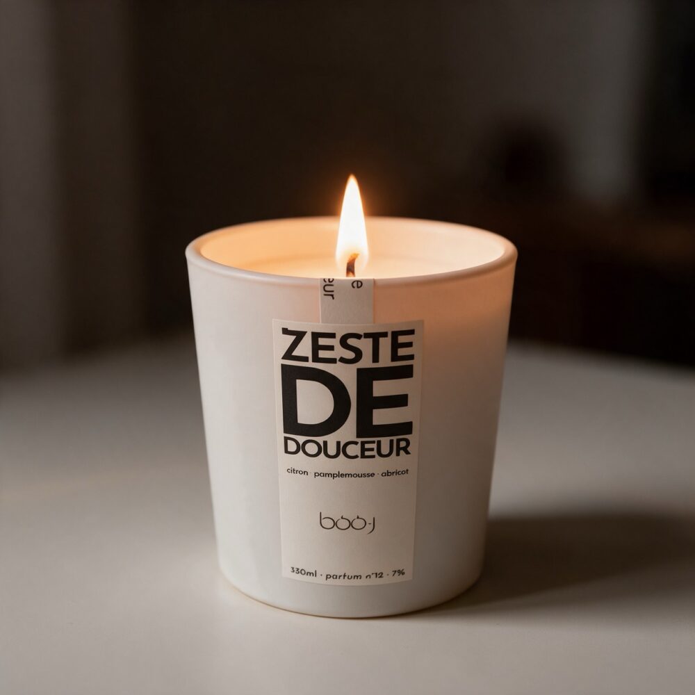 Bougie parfumée boo·j Zeste de Douceur, pot blanc de 330 ml, aux notes d'abricot, de citron et de pamplemousse