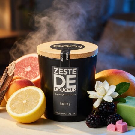 Bougie parfumée boo·j Zeste de Douceur, pot noir de 330 ml, aux notes d'abricot, de citron et de pamplemousse