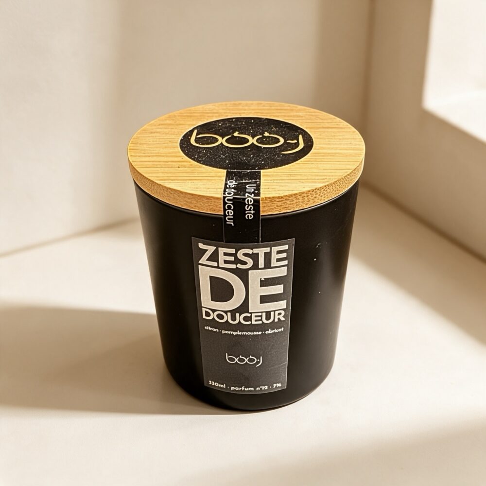 Bougie parfumée boo·j Zeste de Douceur, pot noir de 330 ml, aux notes d'abricot, de citron et de pamplemousse
