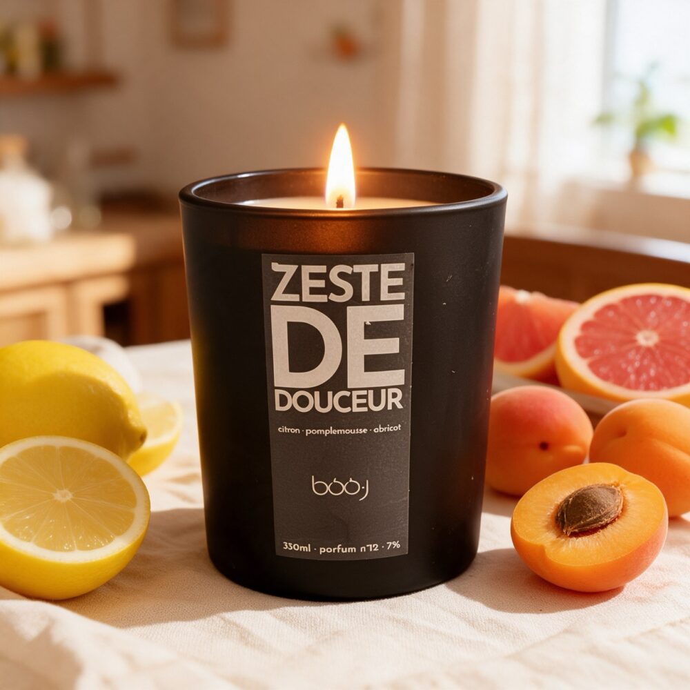 Bougie parfumée boo·j Zeste de Douceur, pot noir de 330 ml, aux notes d'abricot, de citron et de pamplemousse