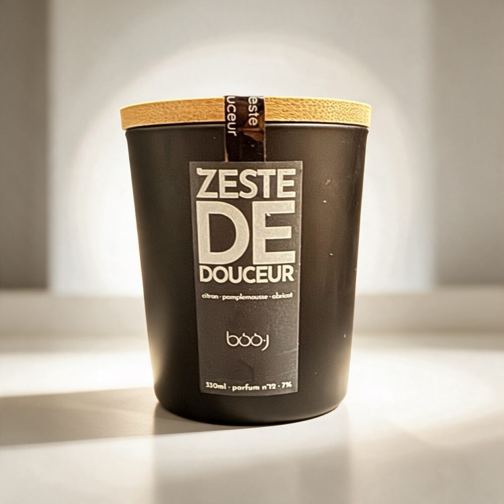 Bougie parfumée boo·j Zeste de Douceur, pot noir de 330 ml, aux notes d'abricot, de citron et de pamplemousse