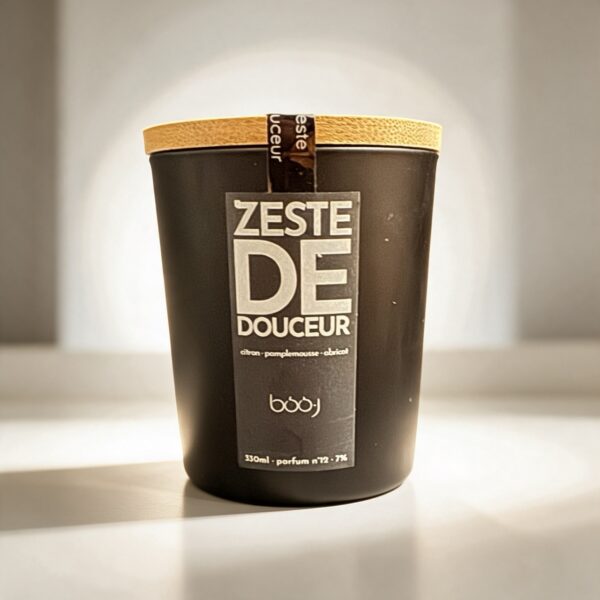 Bougie parfumée boo·j Zeste de Douceur, pot noir de 330 ml, aux notes d'abricot, de citron et de pamplemousse