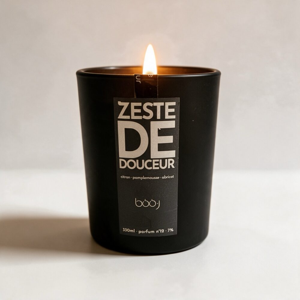 Bougie parfumée boo·j Zeste de Douceur, pot noir de 330 ml, aux notes d'abricot, de citron et de pamplemousse
