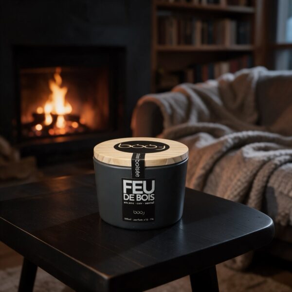 Bougie parfumée Feu de bois, parfum boo·j n°13, en pot de 100 ml, notes encens cuir santal