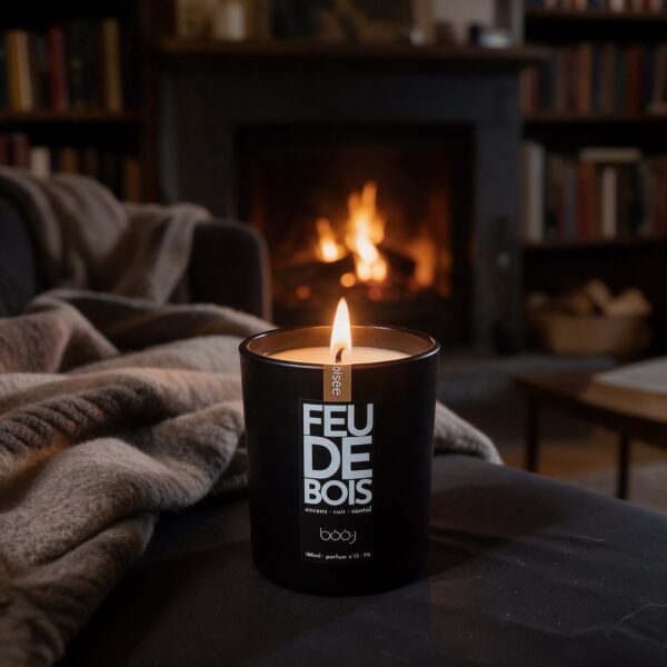Bougie parfumée Feu de bois, parfum boo·j n°13, en pot de 160 ml, notes encens cuir santal