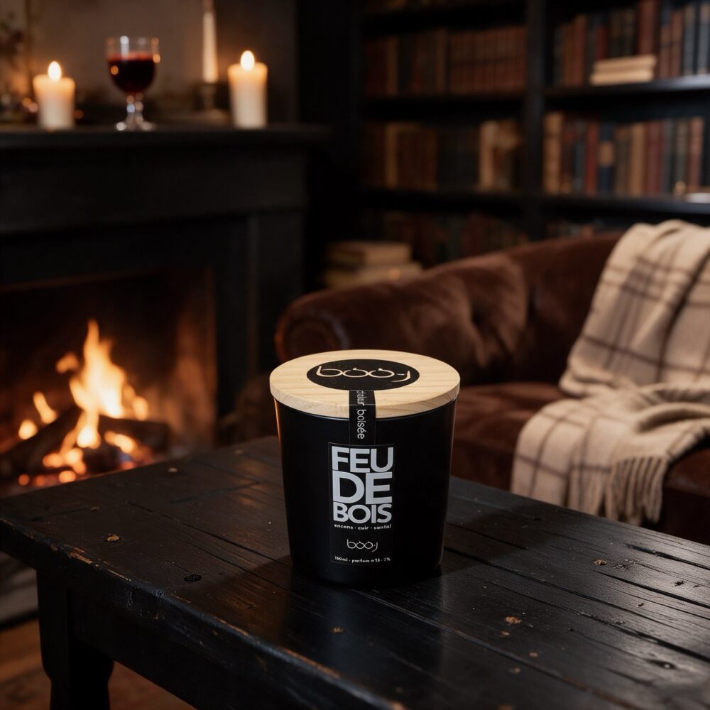 Bougie parfumée Feu de bois, parfum boo·j n°13, en pot de 160 ml, notes encens cuir santal