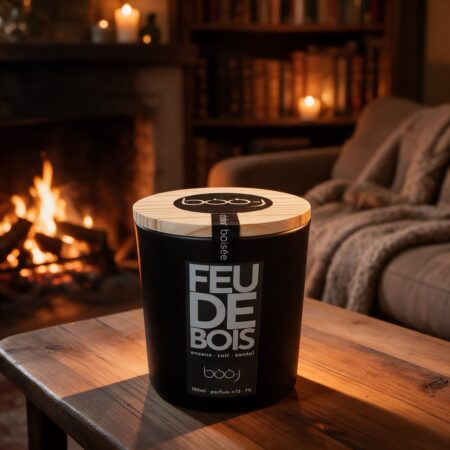 Bougie Feu de bois, parfum boo·j n°13, 330 ml Bougie parfumée Feu de bois, parfum boo·j n°13, en pot de 330 ml, notes encens cuir santal