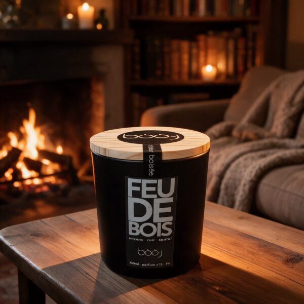 Bougie parfumée Feu de bois, parfum boo·j n°13, en pot de 330 ml, notes encens cuir santal