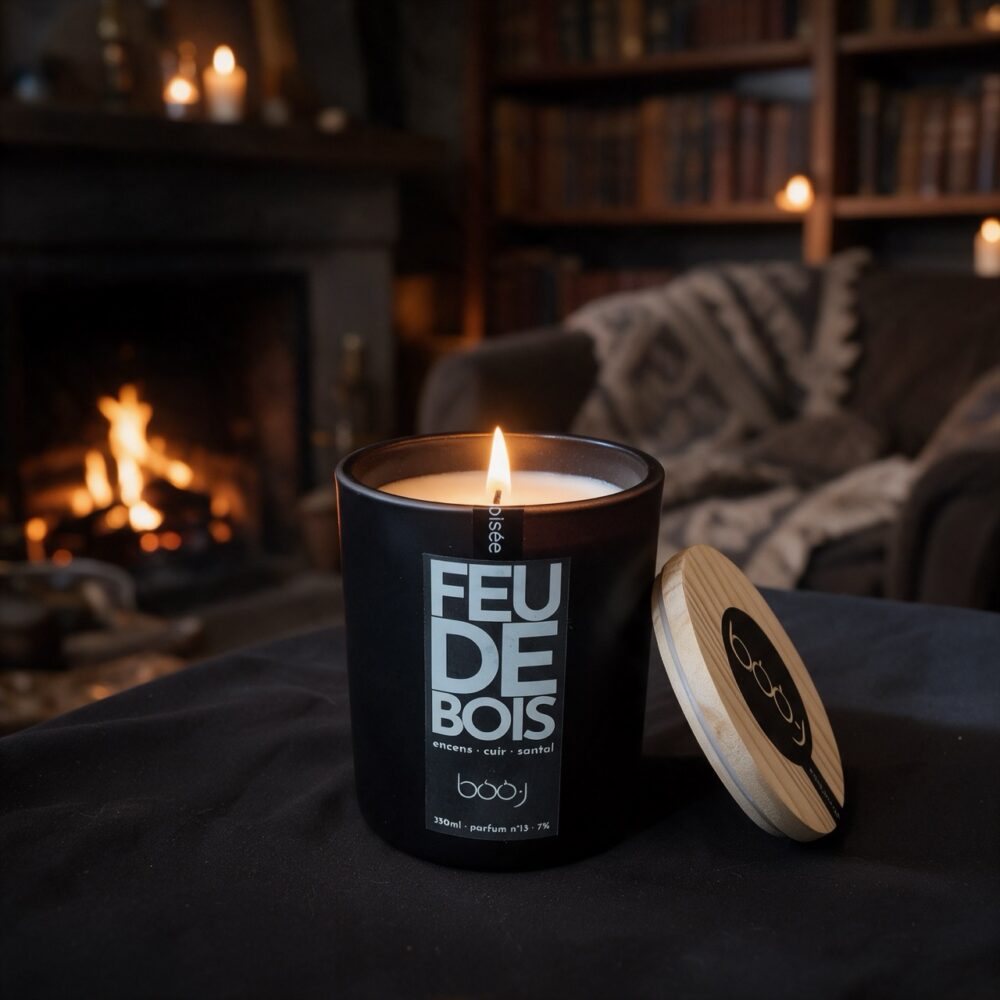 Bougie parfumée Feu de bois, parfum boo·j n°13, en pot de 330 ml, notes encens cuir santal