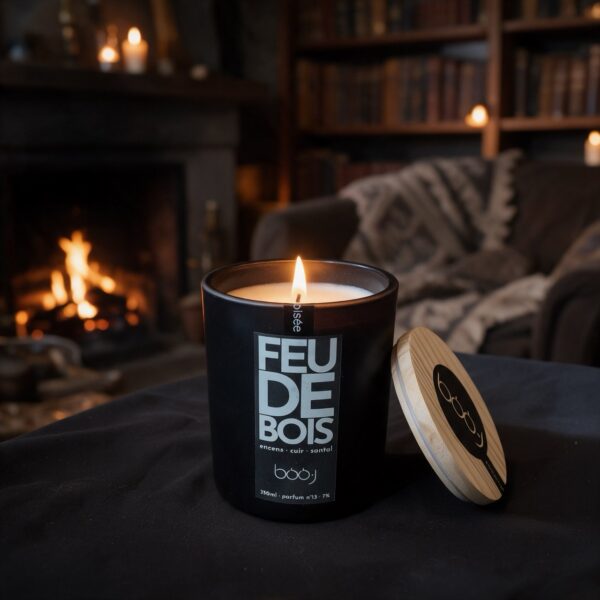 Bougie parfumée Feu de bois, parfum boo·j n°13, en pot de 330 ml, notes encens cuir santal
