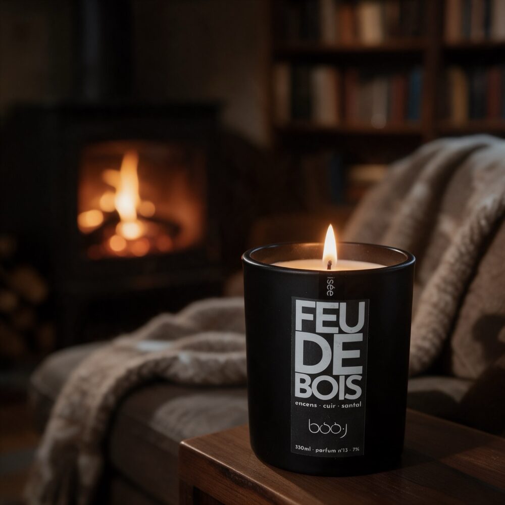 Bougie parfumée Feu de bois, parfum boo·j n°13, en pot de 330 ml, notes encens cuir santal