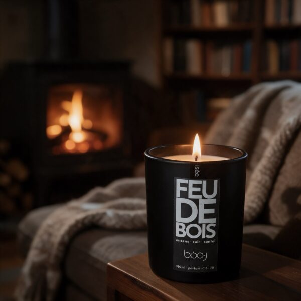 Bougie parfumée Feu de bois, parfum boo·j n°13, en pot de 330 ml, notes encens cuir santal