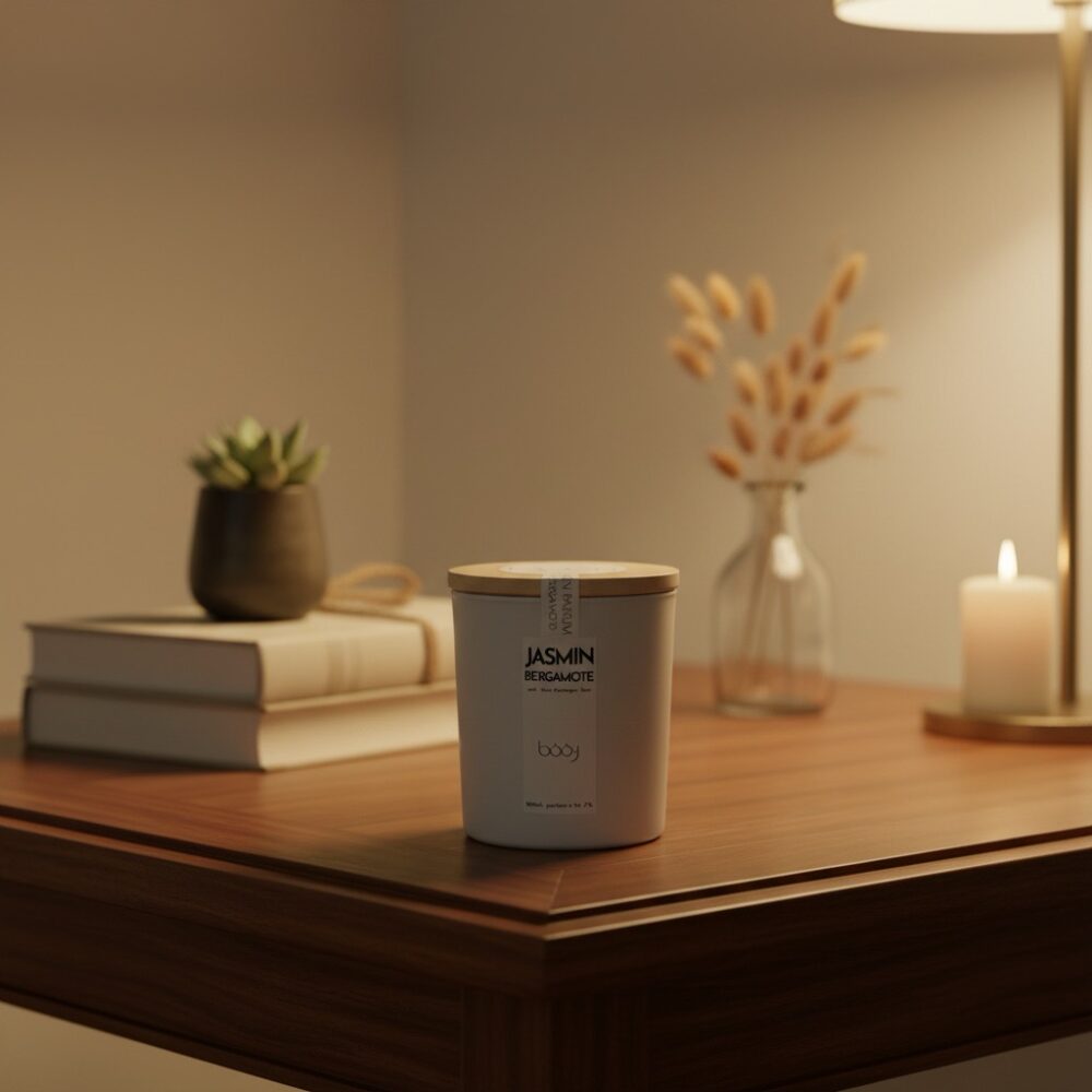 Bougie parfumée Jasmin Bergamote de 160 ml dans un pot blanc.