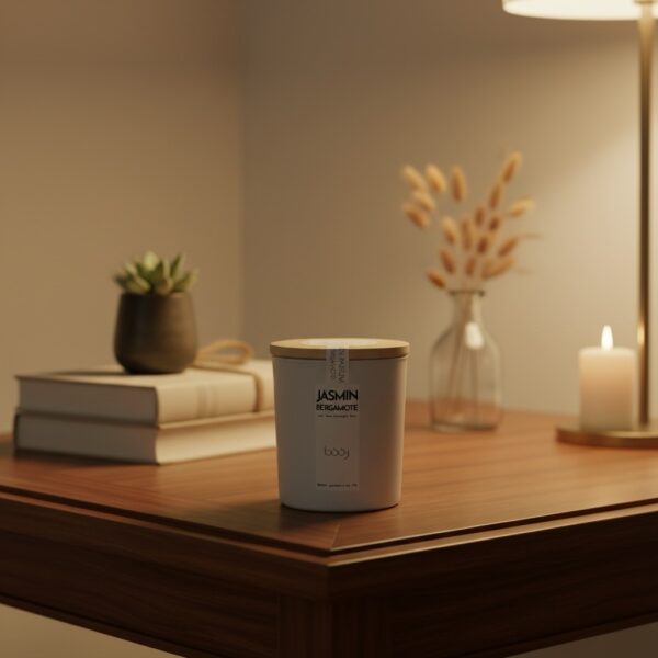 Bougie parfumée Jasmin Bergamote de 160 ml dans un pot blanc.