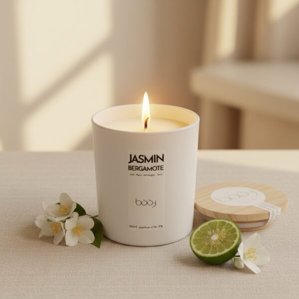 Bougie parfumée Jasmin Bergamote de 160 ml dans un pot blanc.