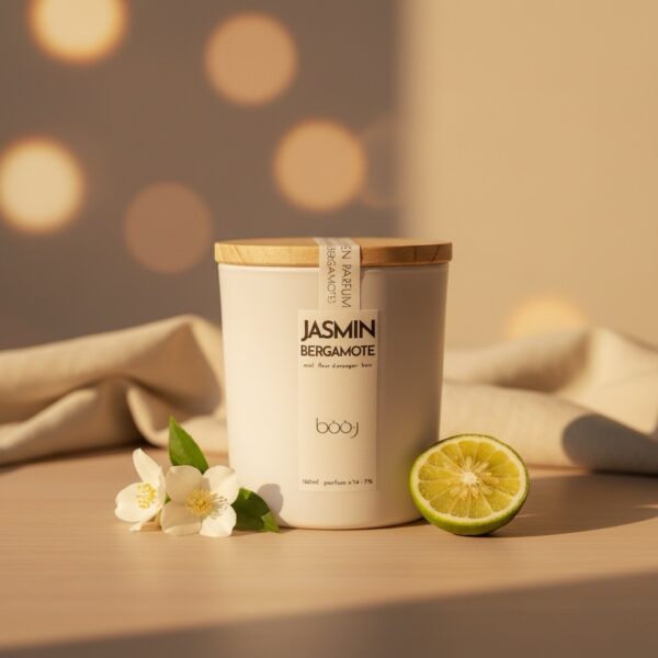 Bougie parfumée Jasmin Bergamote de 160 ml dans un pot blanc.