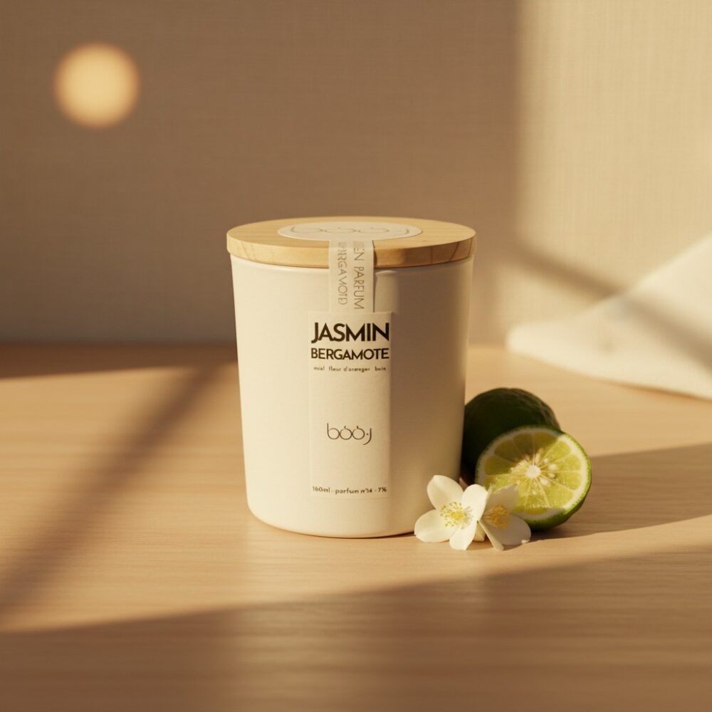 Bougie parfumée Jasmin Bergamote de 160 ml dans un pot blanc.