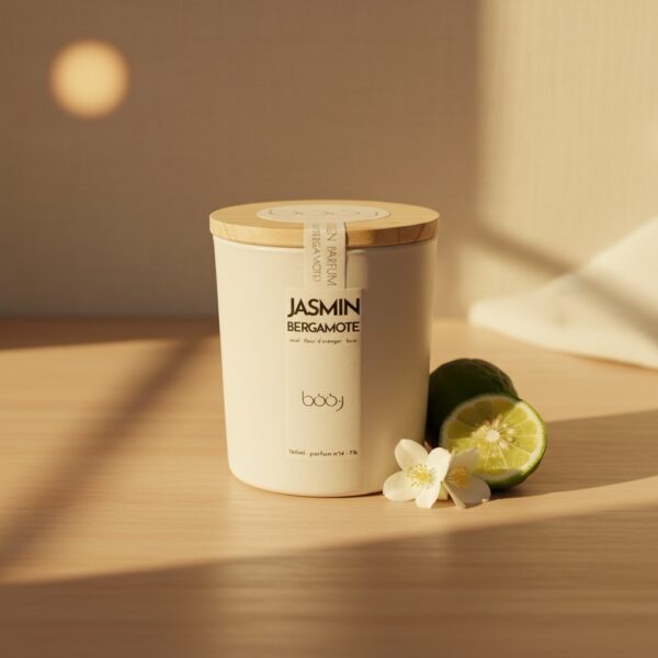 Bougie parfumée Jasmin Bergamote de 160 ml dans un pot blanc.
