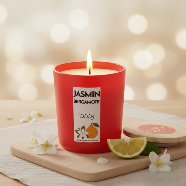 Bougie parfumée Jasmin Bergamote de 160 ml dans un pot rouge.