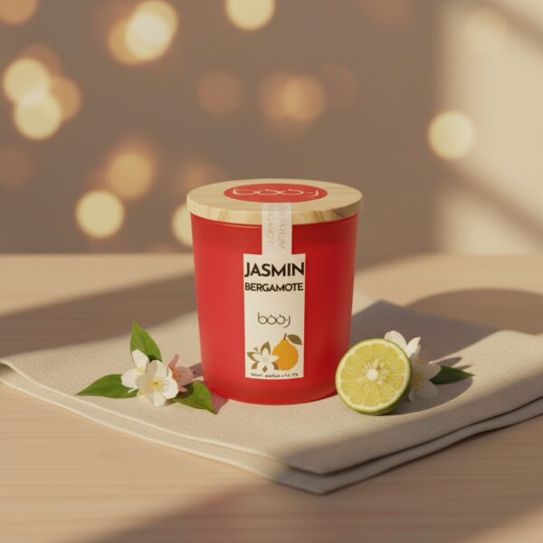 Bougie parfumée Jasmin Bergamote de 160 ml dans un pot rouge.