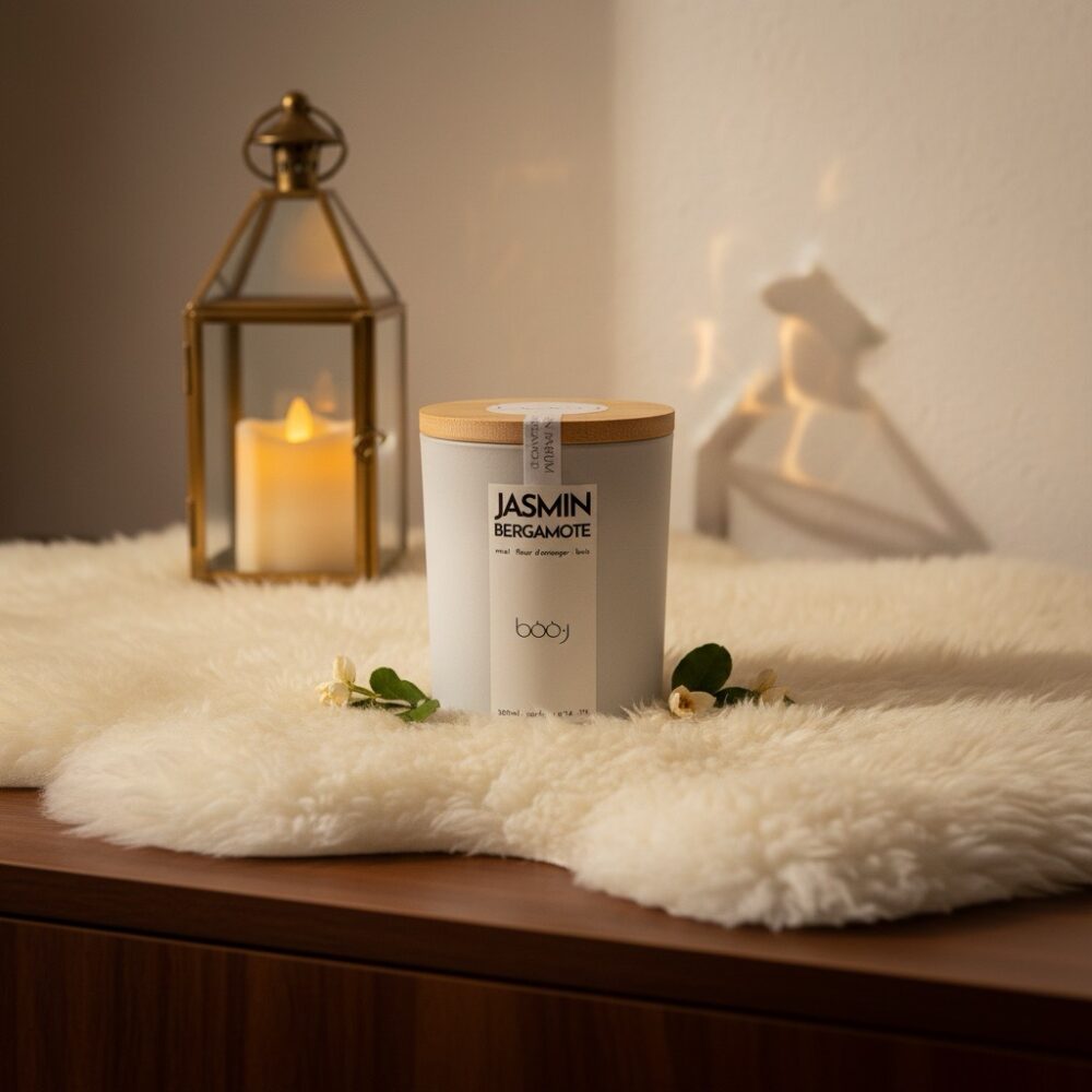 Bougie parfumée Jasmin Bergamote de 330 ml dans un pot blanc.