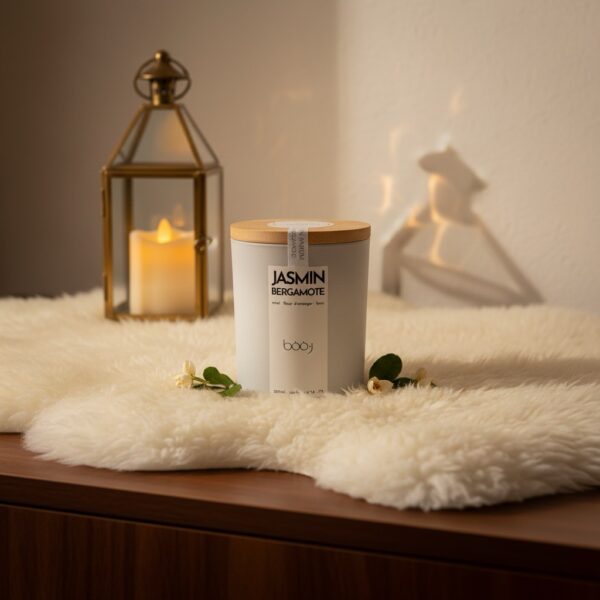 Bougie parfumée Jasmin Bergamote de 330 ml dans un pot blanc.