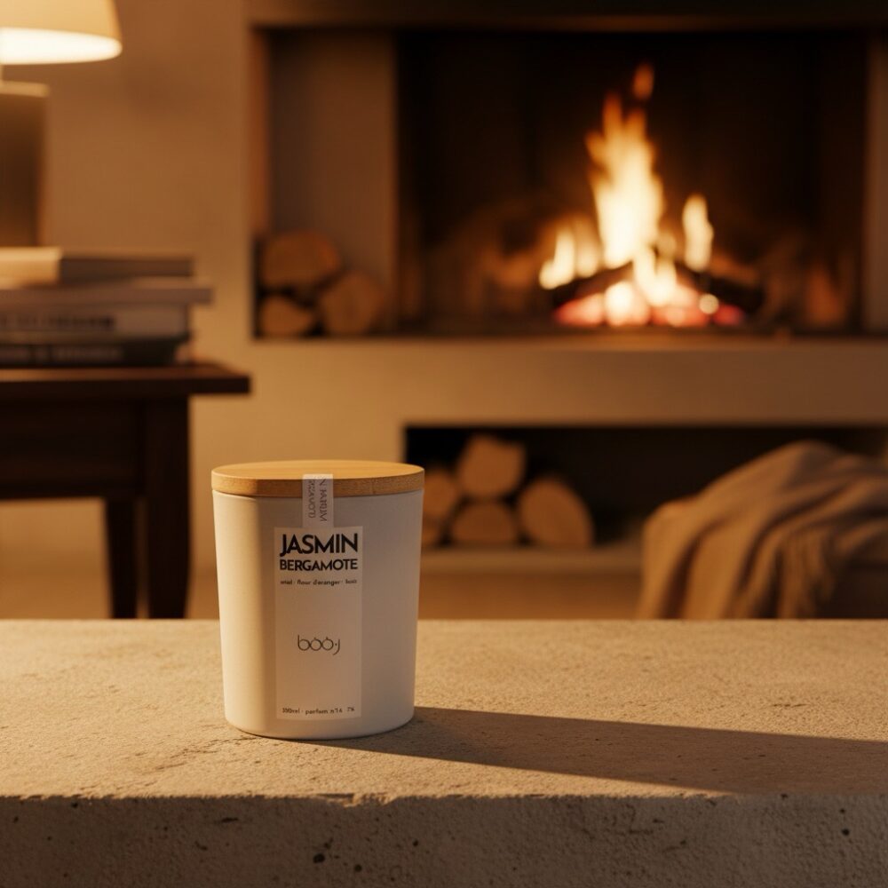 Bougie parfumée Jasmin Bergamote de 330 ml dans un pot blanc.