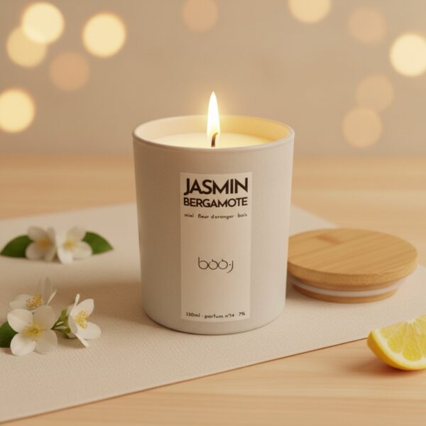 Bougie parfumée Jasmin Bergamote de 330 ml dans un pot blanc.