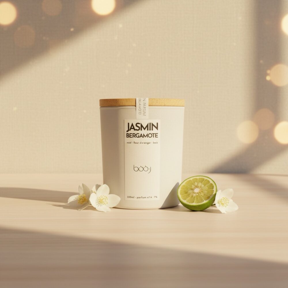 Bougie parfumée Jasmin Bergamote de 330 ml dans un pot blanc.
