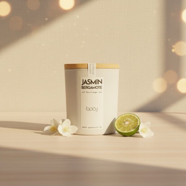 Bougie parfumée Jasmin Bergamote de 330 ml dans un pot blanc.