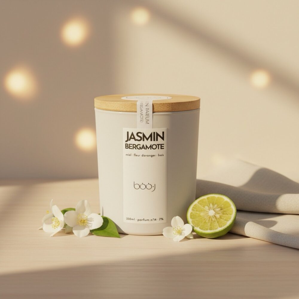 Bougie parfumée Jasmin Bergamote de 330 ml dans un pot blanc.