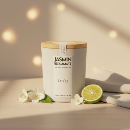 Bougie parfumée Jasmin Bergamote de 330 ml dans un pot blanc.