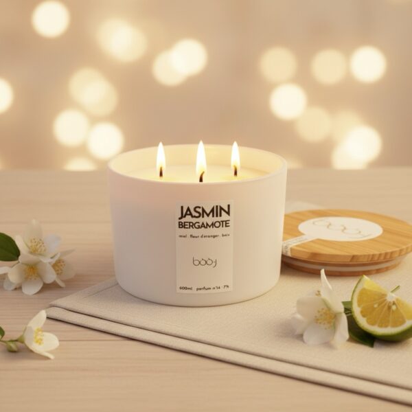 Grande bougie parfumée Jasmin Bergamote de 600 ml avec 3 mèches dans un pot blanc.