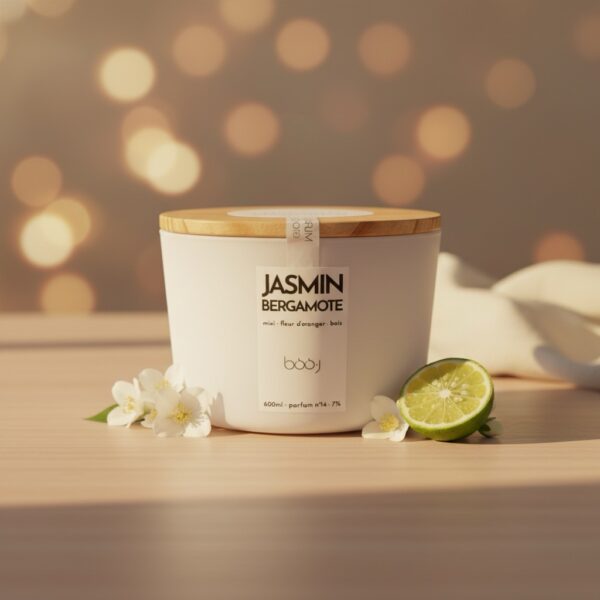 Grande bougie parfumée Jasmin Bergamote de 600 ml avec 3 mèches dans un pot blanc.
