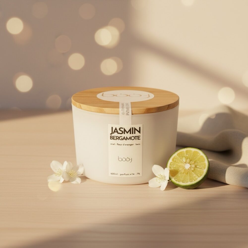 Grande bougie parfumée Jasmin Bergamote de 600 ml avec 3 mèches dans un pot blanc.