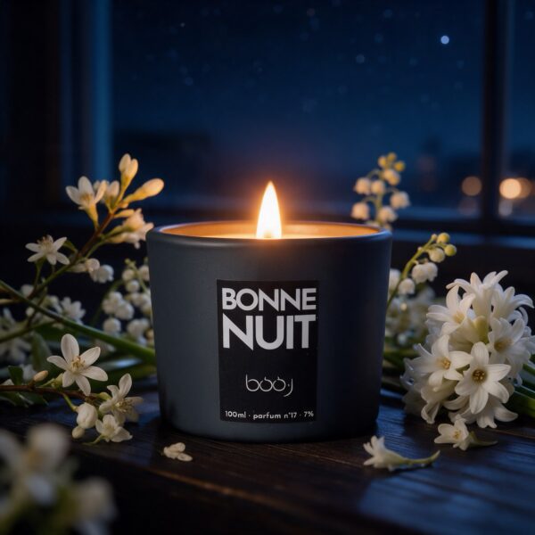 Bougie parfumée Bonne nuit, parfum boo·j n°17, en pot de 100 ml, notes fleur d'oranger muguet musc, dans une ambiance de chambre au crépuscule