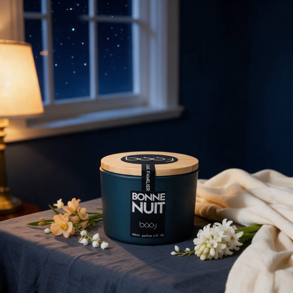 Bougie parfumée Bonne nuit, parfum boo·j n°17, en pot de 100 ml, notes fleur d'oranger muguet musc, dans une ambiance de chambre au crépuscule