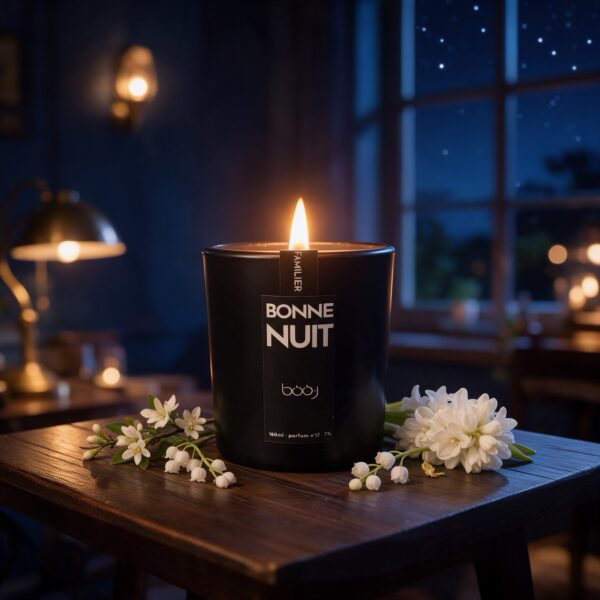 Bougie parfumée Bonne nuit, parfum boo·j n°17, en pot de 160 ml, notes fleur d'oranger muguet musc, dans une ambiance de chambre au crépuscule