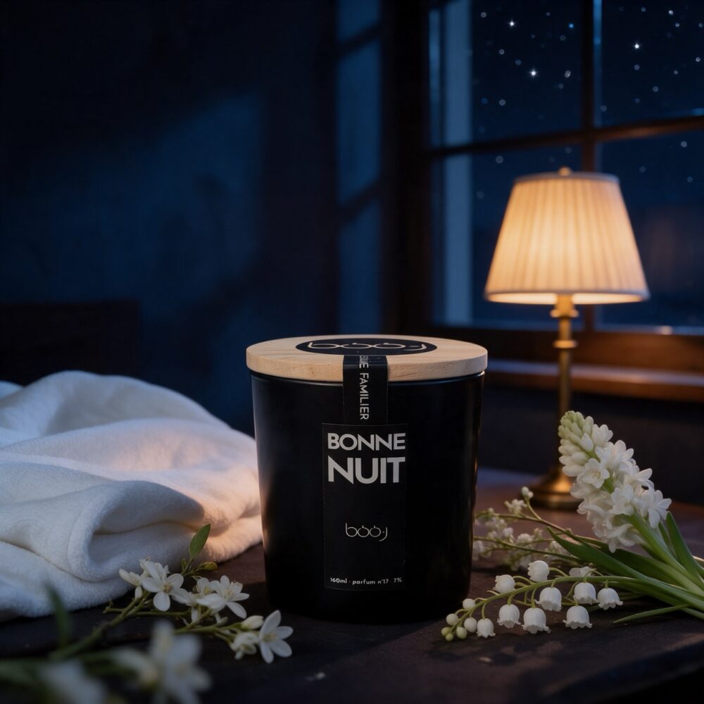 Bougie parfumée Bonne nuit, parfum boo·j n°17, en pot de 160 ml, notes fleur d'oranger muguet musc, dans une ambiance de chambre au crépuscule