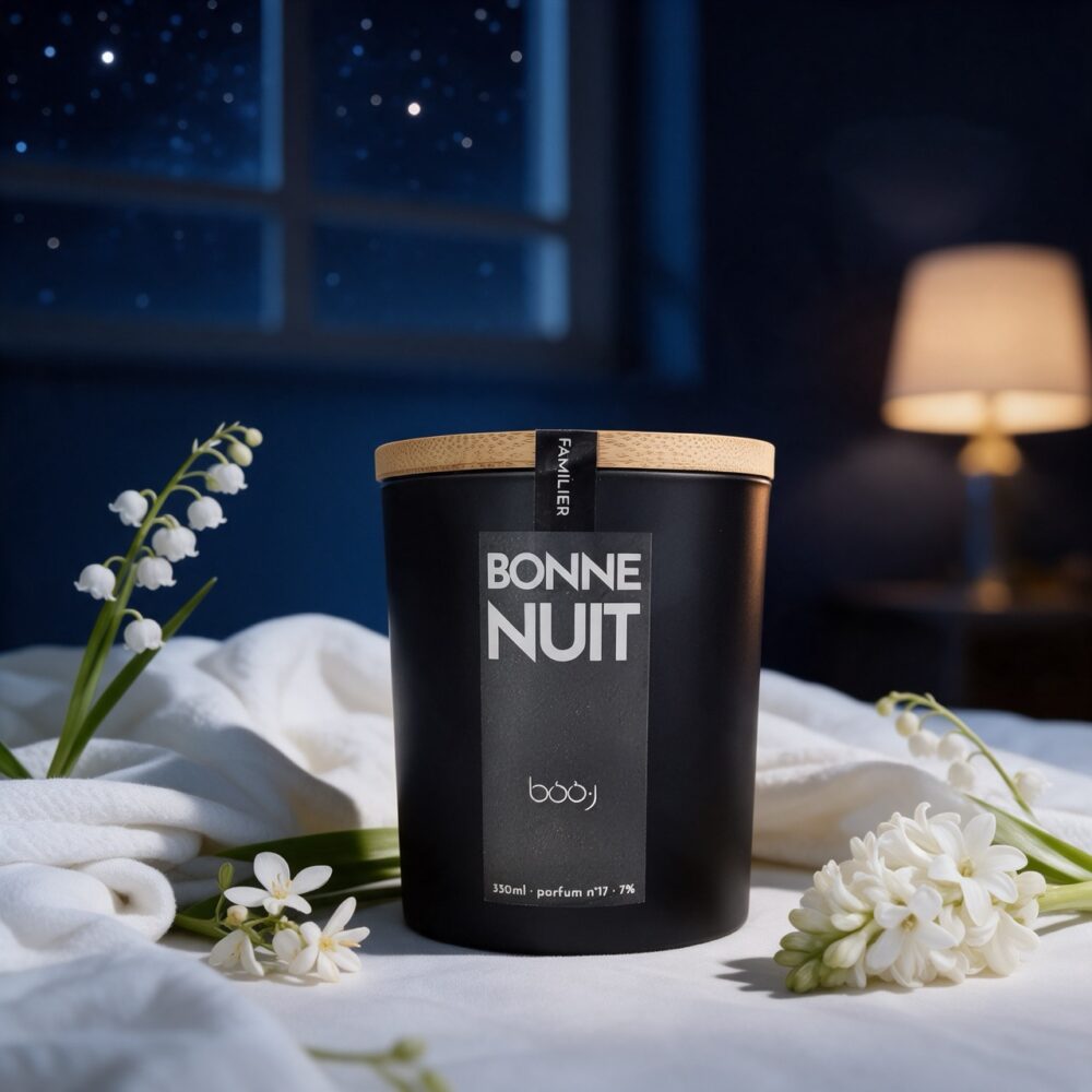 Bougie parfumée Bonne nuit, parfum boo·j n°17, en pot de 330 ml, notes fleur d'oranger muguet musc, dans une ambiance de chambre au crépuscule