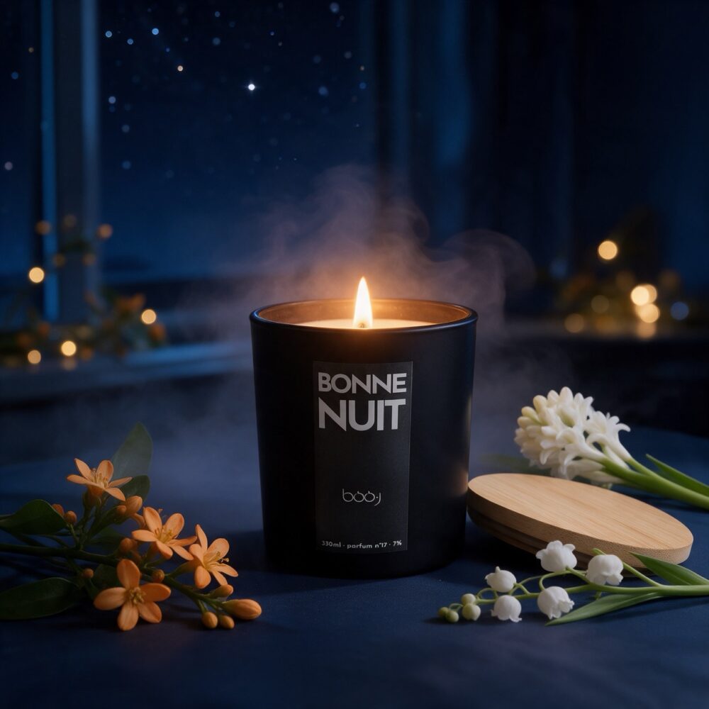 Bougie parfumée Bonne nuit, parfum boo·j n°17, en pot de 330 ml, notes fleur d'oranger muguet musc, dans une ambiance de chambre au crépuscule