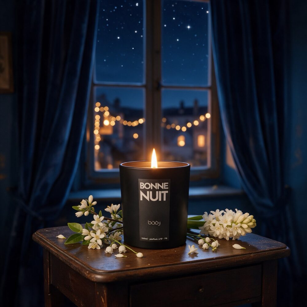 Bougie parfumée Bonne nuit, parfum boo·j n°17, en pot de 330 ml, notes fleur d'oranger muguet musc, dans une ambiance de chambre au crépuscule
