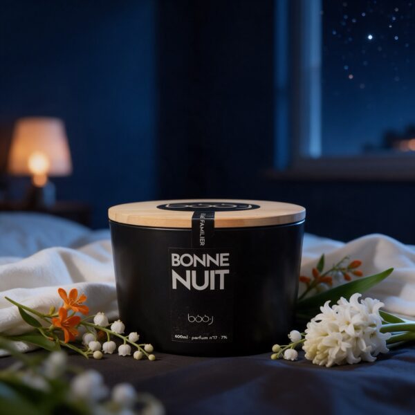 Bougie parfumée Bonne nuit, parfum boo·j n°17, en pot de 600 ml, notes fleur d'oranger muguet musc, dans une ambiance de chambre au crépuscule