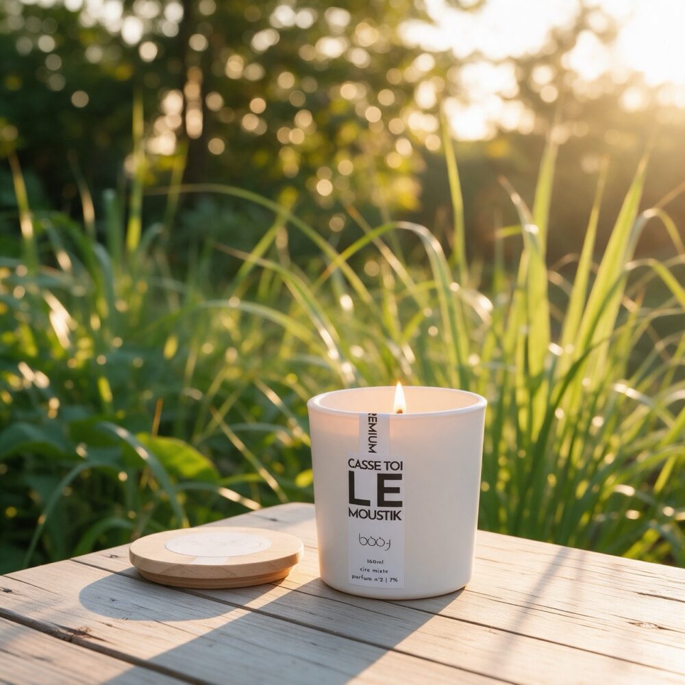Bougie parfumée Casse-toi le moustik en pot de 160 ml, ambiance été lumineuse