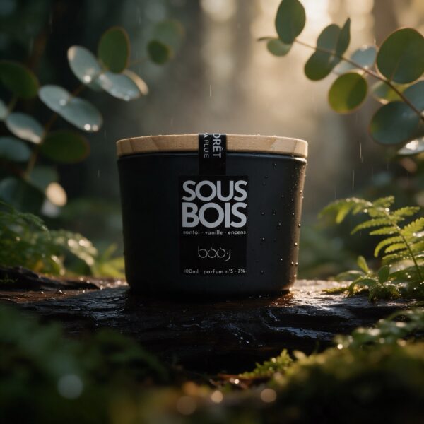 Bougie parfumée Sous-bois, parfum boo·j n°5, en pot de 100 ml, notes santal vanille encens, sur fond de forêt après la pluie