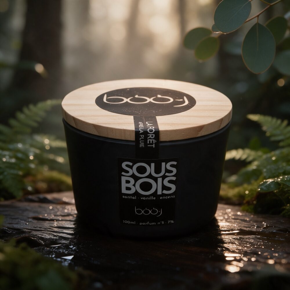 Bougie parfumée Sous-bois, parfum boo·j n°5, en pot de 100 ml, notes santal vanille encens, sur fond de forêt après la pluie