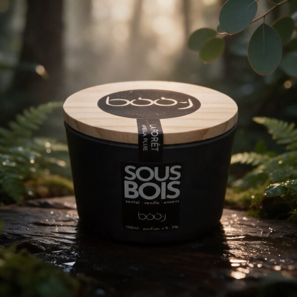 Bougie parfumée Sous-bois, parfum boo·j n°5, en pot de 100 ml, notes santal vanille encens, sur fond de forêt après la pluie