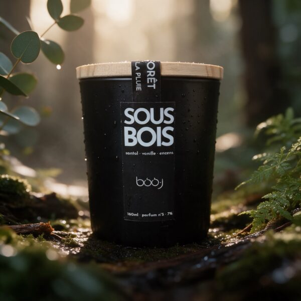 Bougie parfumée Sous-bois, parfum boo·j n°5, en pot de 160 ml, notes santal vanille encens, sur fond de forêt après la pluie