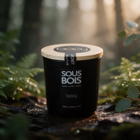 Bougie parfumée Sous-bois, parfum boo·j n°5, en pot de 160 ml, notes santal vanille encens, sur fond de forêt après la pluie