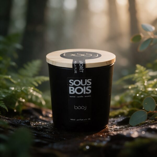 Bougie parfumée Sous-bois, parfum boo·j n°5, en pot de 160 ml, notes santal vanille encens, sur fond de forêt après la pluie